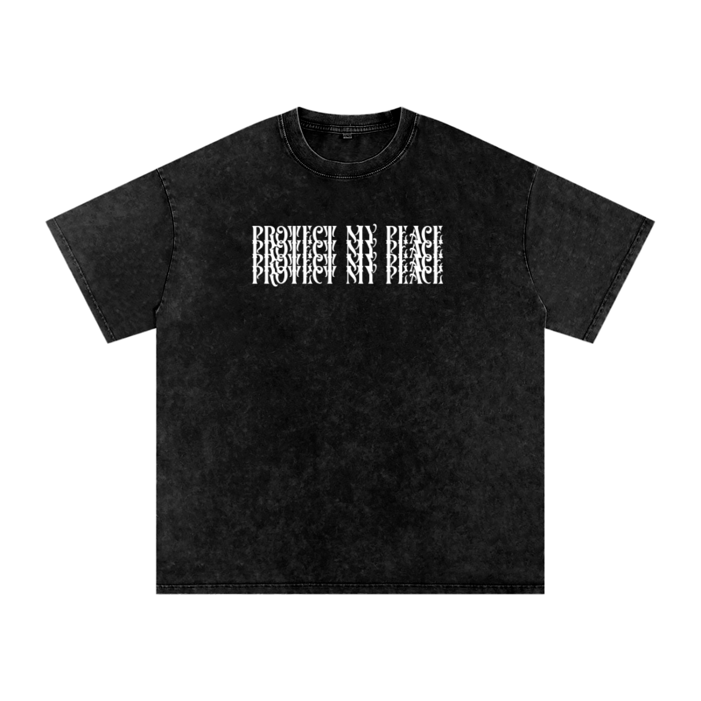 Black T-shirt with white text that says 'Protect My Peace' repeated three times in a stylized font.