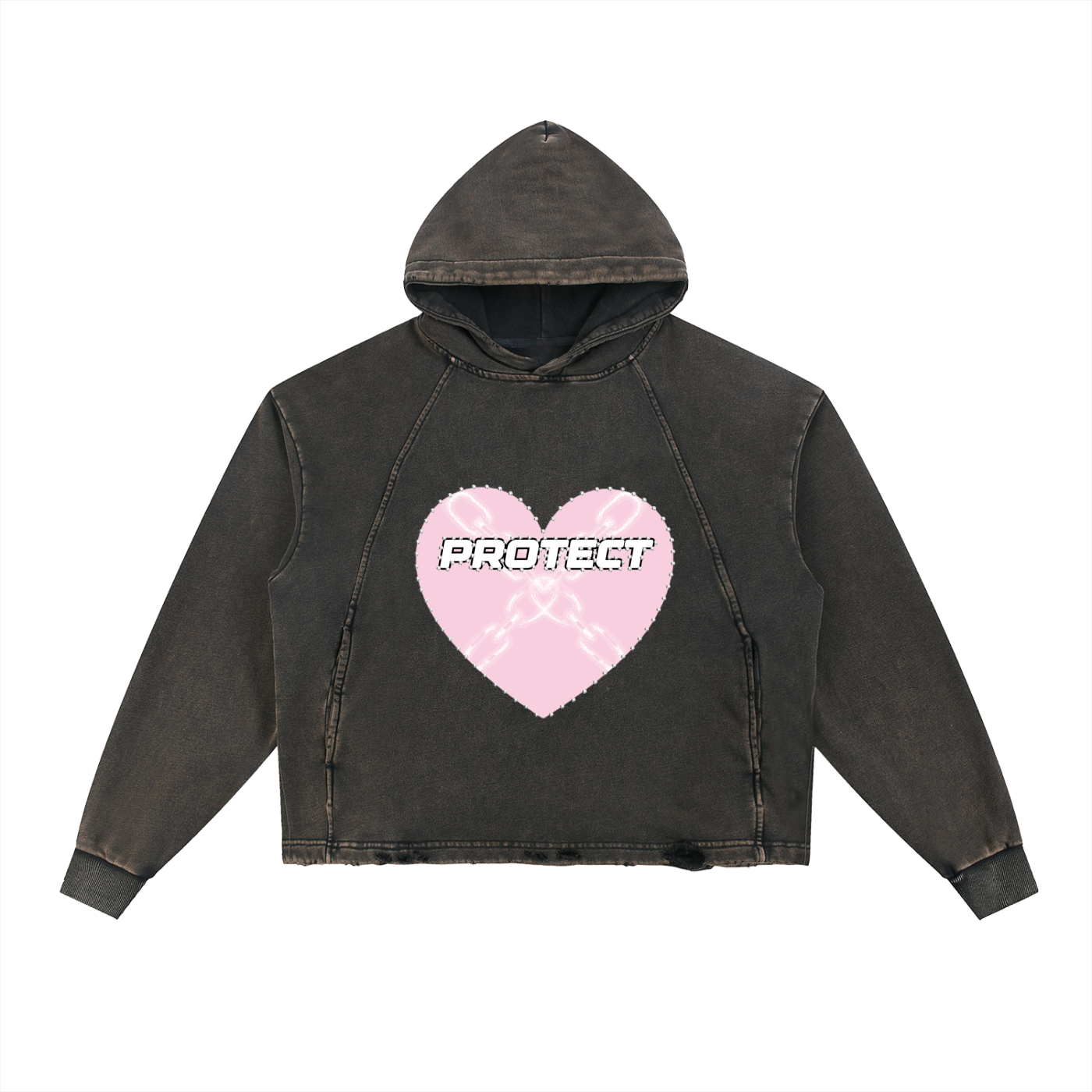 Black hoodie with distressed finish, featuring a pink heart graphic with the word 'PROTECT' in bold, white, pixelated font.