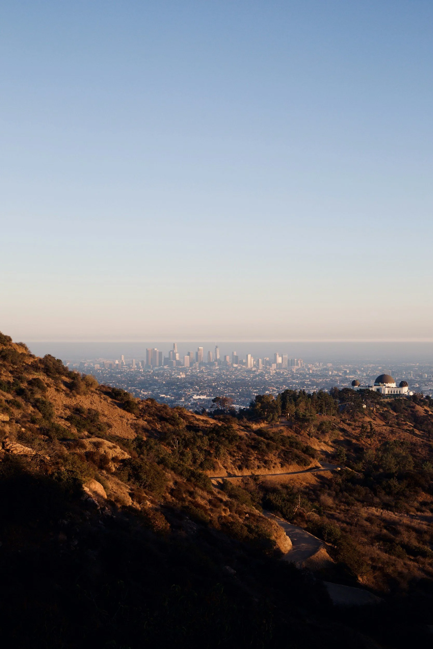 Vista de Los Ángeles desde Griffith Observatory, con colinas y vegetación en primer plano y el horizonte de la ciudad en el fondo, durante el atardecer.