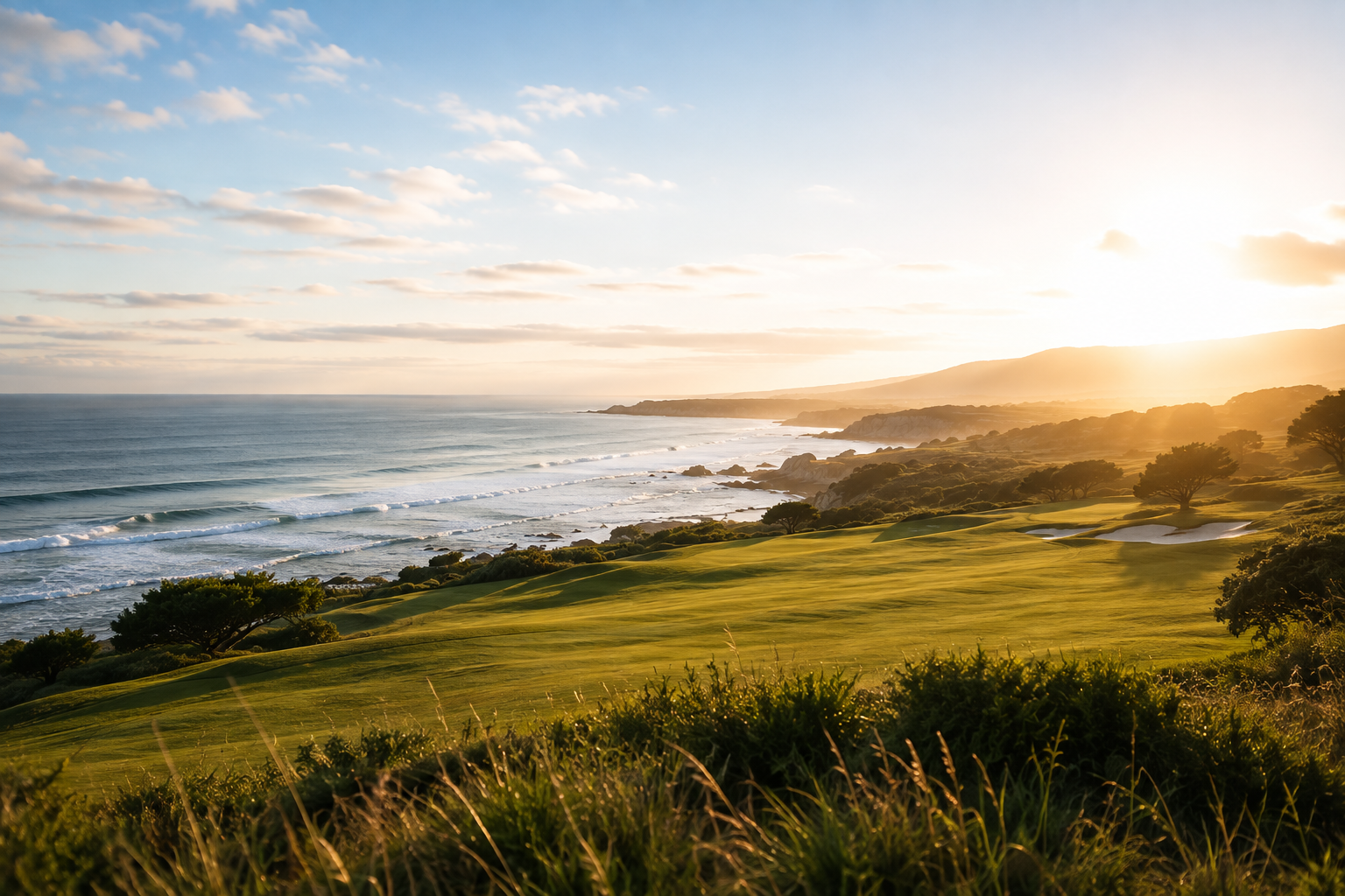 Sunset over coastal landscape with green hills, trees, and ocean waves.