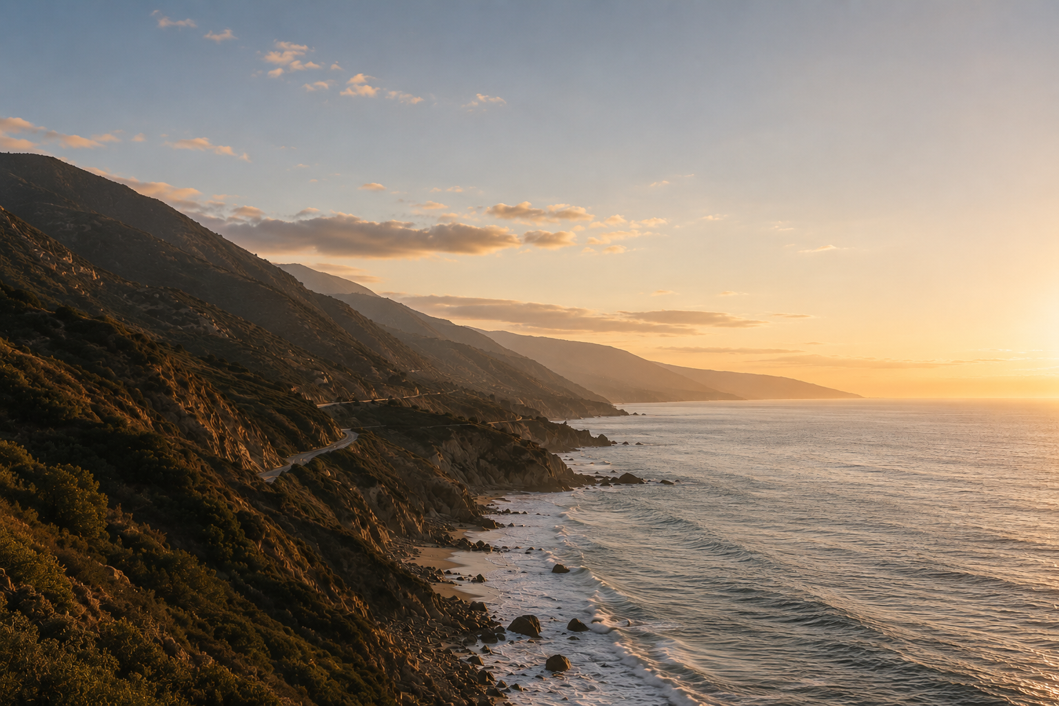 Sunset over a rugged coastline with mountains, ocean waves, and a winding road along the cliffs.