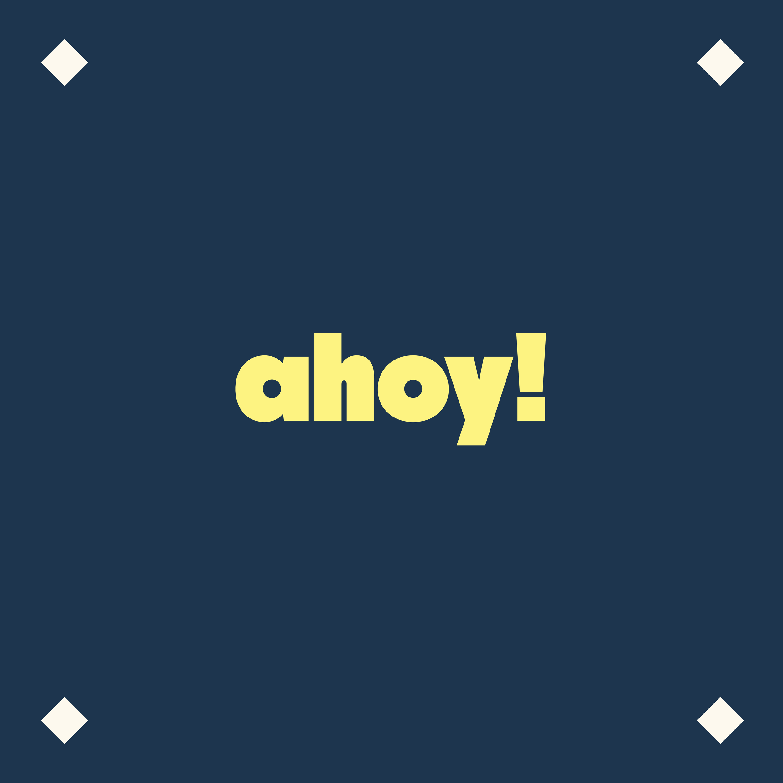 The word 'ahoy!' in large, pale yellow text on a dark blue background, with white diamond shapes in each corner.