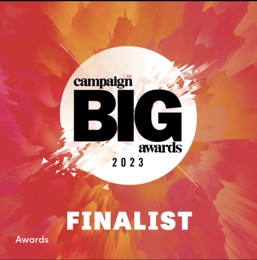 Design for the 2023 US Campaign Big Awards finalist announcement, featuring a vibrant orange and red abstract background with bold black and white text.