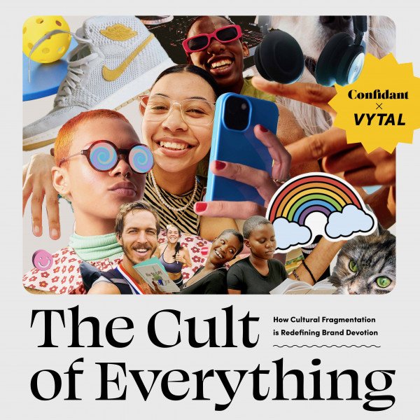 Collage of diverse young people enjoying and expressing themselves, with items like sneakers, headphones, sunglasses, a rainbow, and a cat, overlaid with text reading 'The Cult of Everything' and promotional tags.