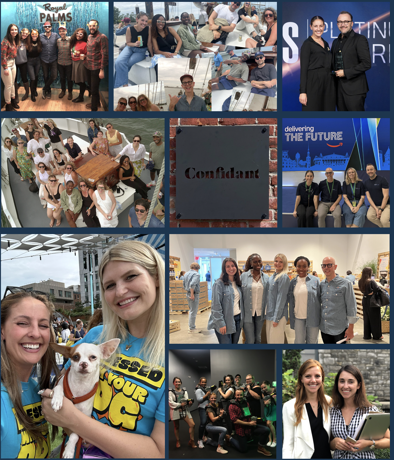 Collage of various group photos featuring people at social and professional events. Top left shows a group in front of a sign that says "Royal Palms." Top middle contains people enjoying a boat outing. Top right features two individuals in formal attire at an event. Middle left displays people on a boat deck. Middle center is a wall plaque with the word "Confidant." Middle right depicts a group at a conference with a "delivering the future" sign. Bottom left shows two women smiling with a small dog, outdoors. Bottom middle features women inside a store or warehouse. Bottom right captures women at a gaming or entertainment event with virtual reality headsets.