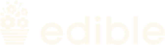 The image features the word 'edible' next to a logo of a flower pot with white flowers.