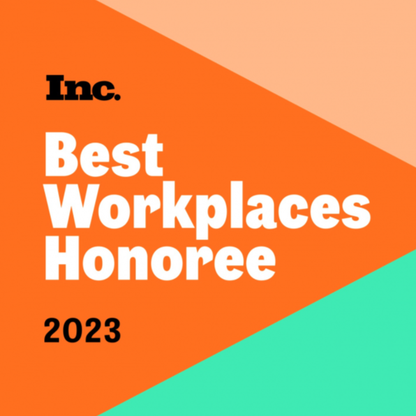 Design for Inc. Best Workplaces Honoree 2023 award with orange, peach, and teal geometric background and bold black and white text.