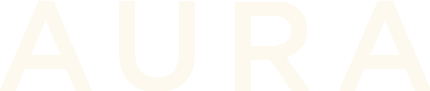 Close-up of the word 'AURA' in bold, white uppercase letters on a black background.