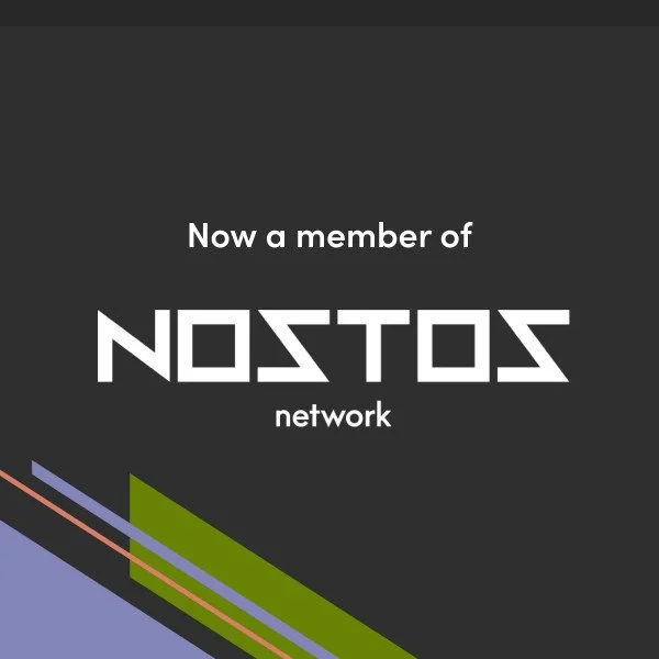 Announcement graphic with text 'Now a member of NOSTOS network' on a dark background with colorful diagonal lines at the bottom.