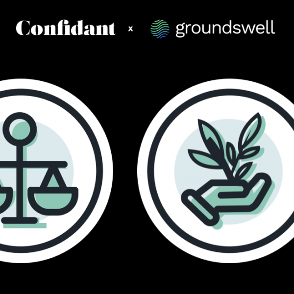 Logo of Confidant and Groundswell with icons of a scale and a hand holding a plant.