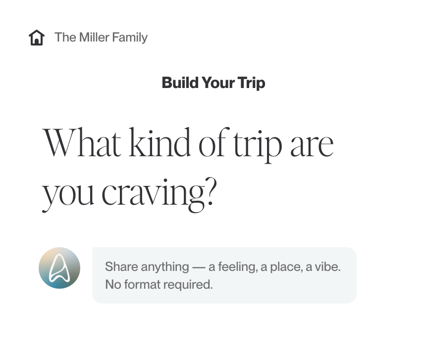 Online trip planner asking what kind of trip the user is craving, with a logo and the text 'Build Your Trip' and 'What kind of trip are you craving?'