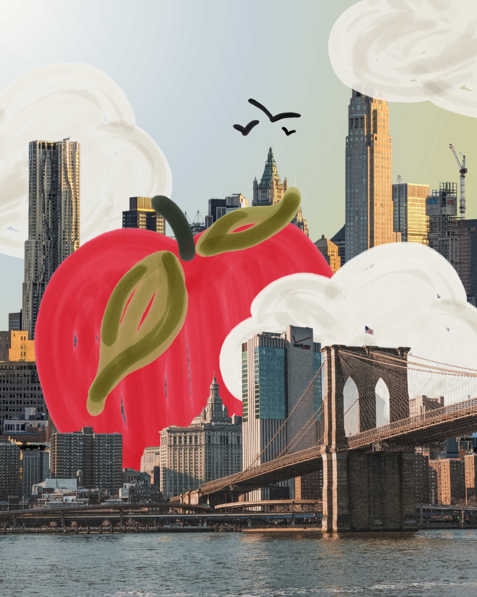 Artwork of a giant red bell pepper with green stem in front of a New York City skyline, including historic and modern skyscrapers, with clouds and birds in the sky.