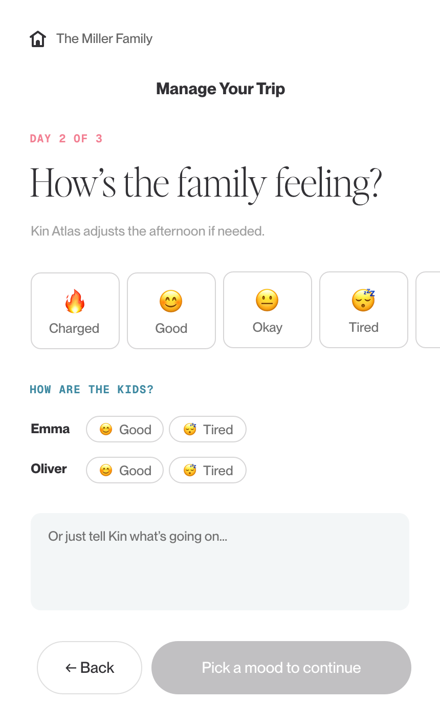 Mobile app screen for family trip management, showing a question about family feelings with options charged, good, okay, tired. It also tracks how kids Emma and Oliver are feeling, with options good or tired.