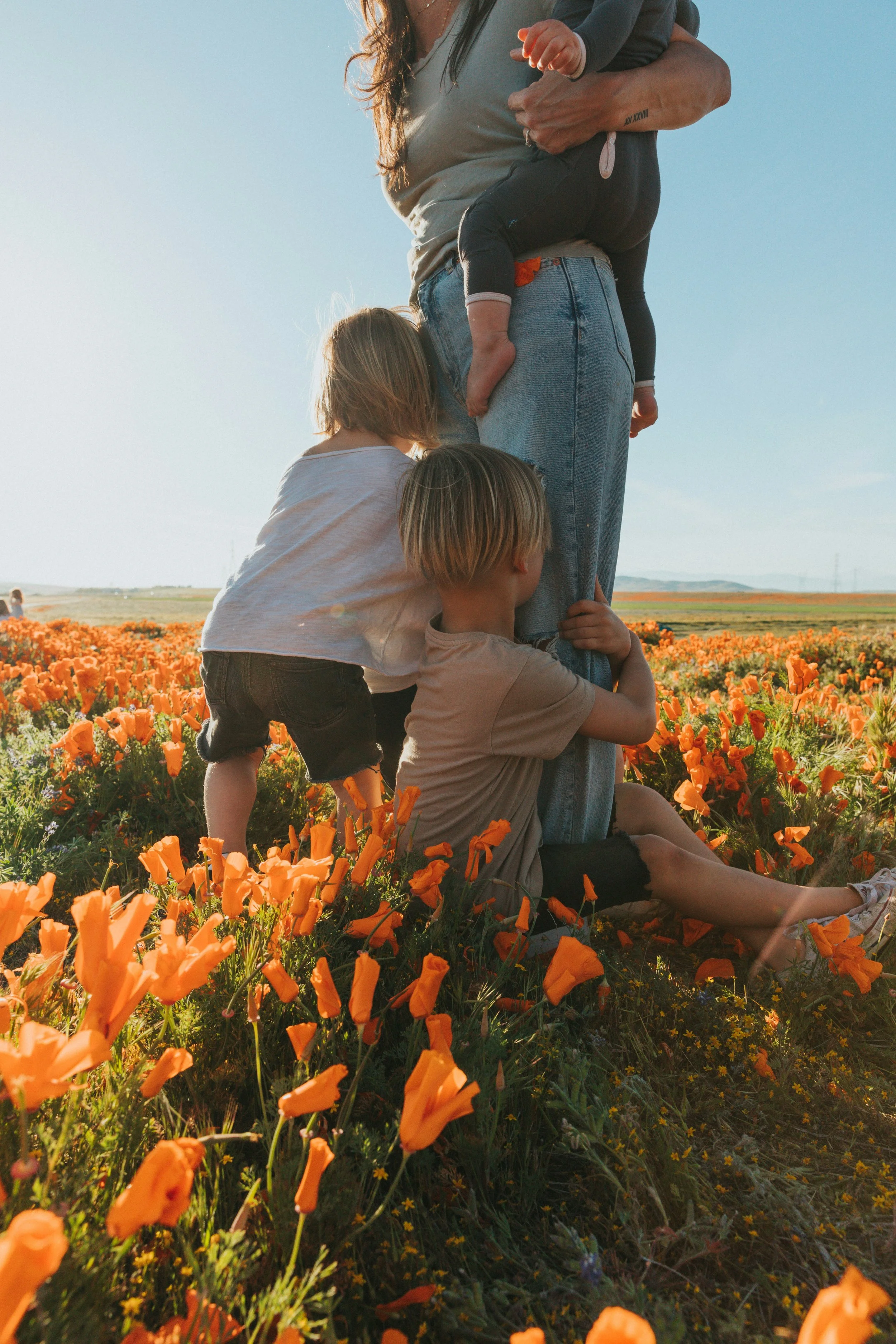 A woman sitting on the ground in a field of orange flowers with children around her, holding a child while another child leans against her leg. The sky is clear and blue, and the scene is bathed in warm sunlight.