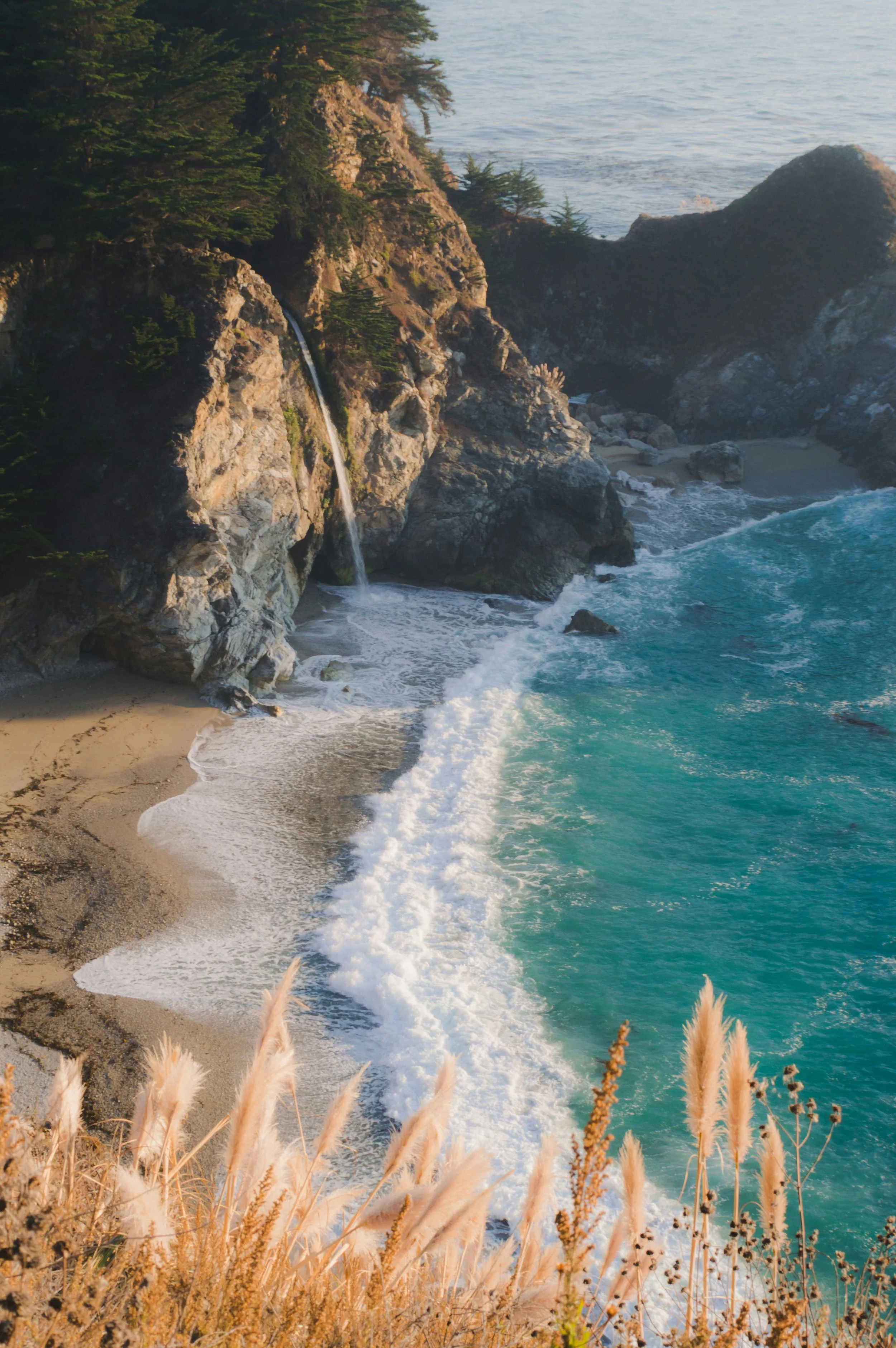 A coastal scene featuring rocky cliffs covered with green trees, a cascading waterfall, sandy beach, and turquoise ocean waves crashing against rocks and shoreline, with beige pampas grasses in the foreground.