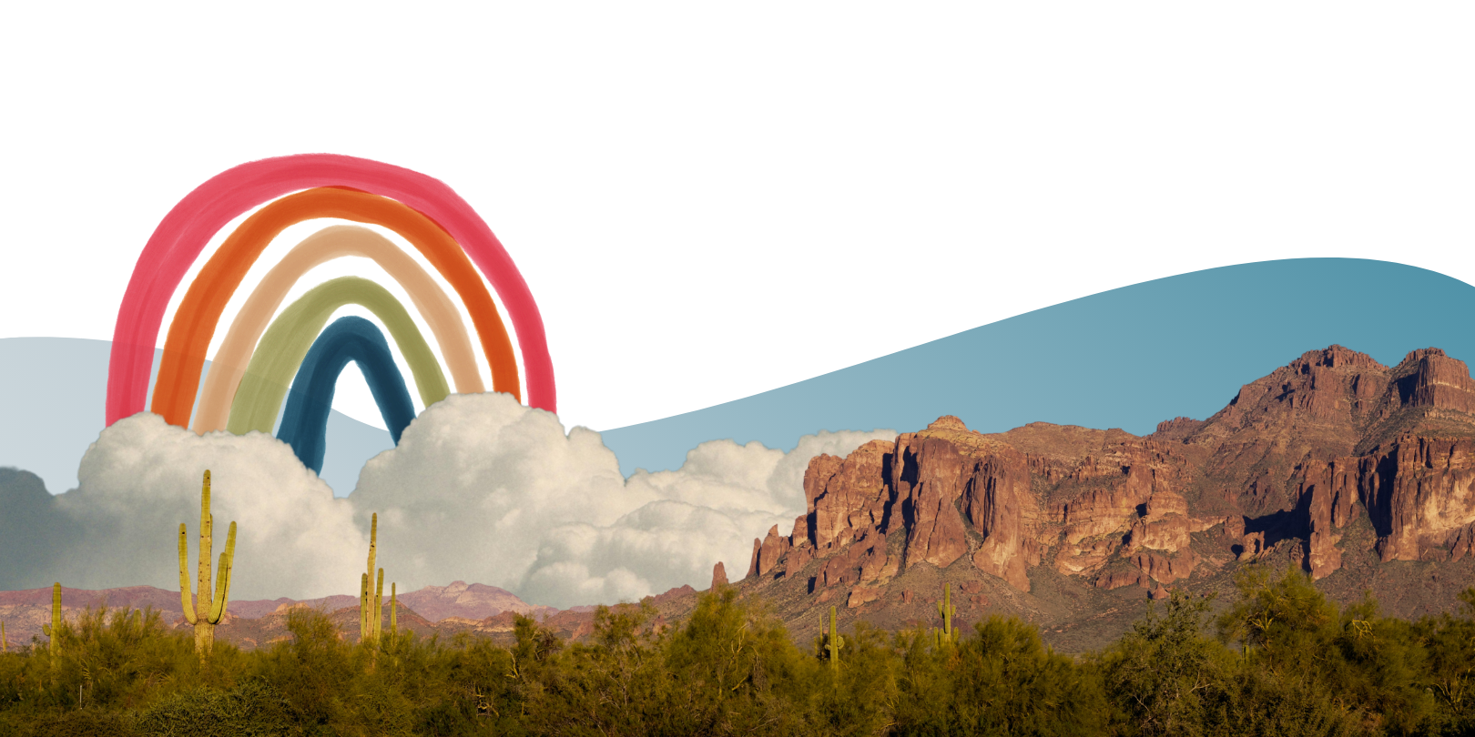 A rainbow with five colors in the sky above desert mountains and cactus plants, with colorful horizontal bands overlaying the sky.