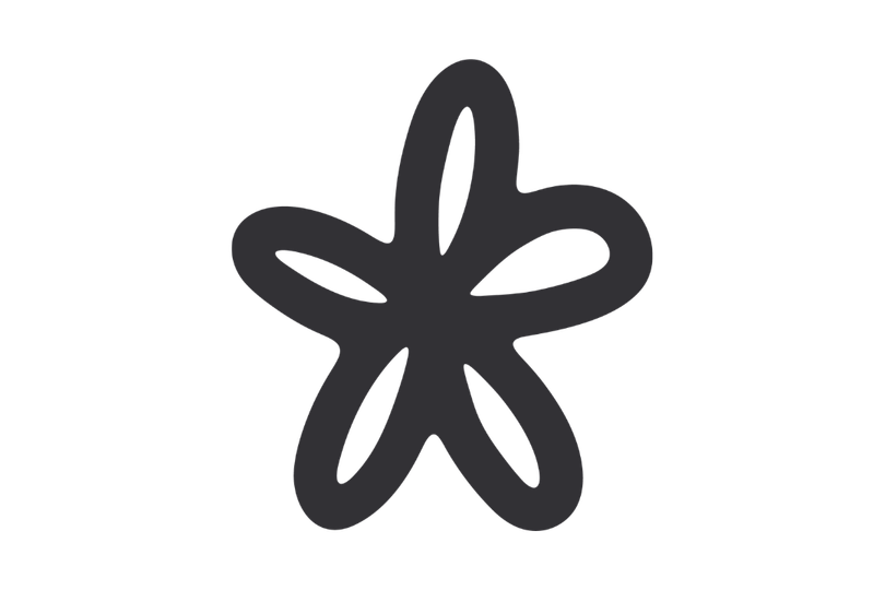 A simple black line drawing of a six-petaled flower.