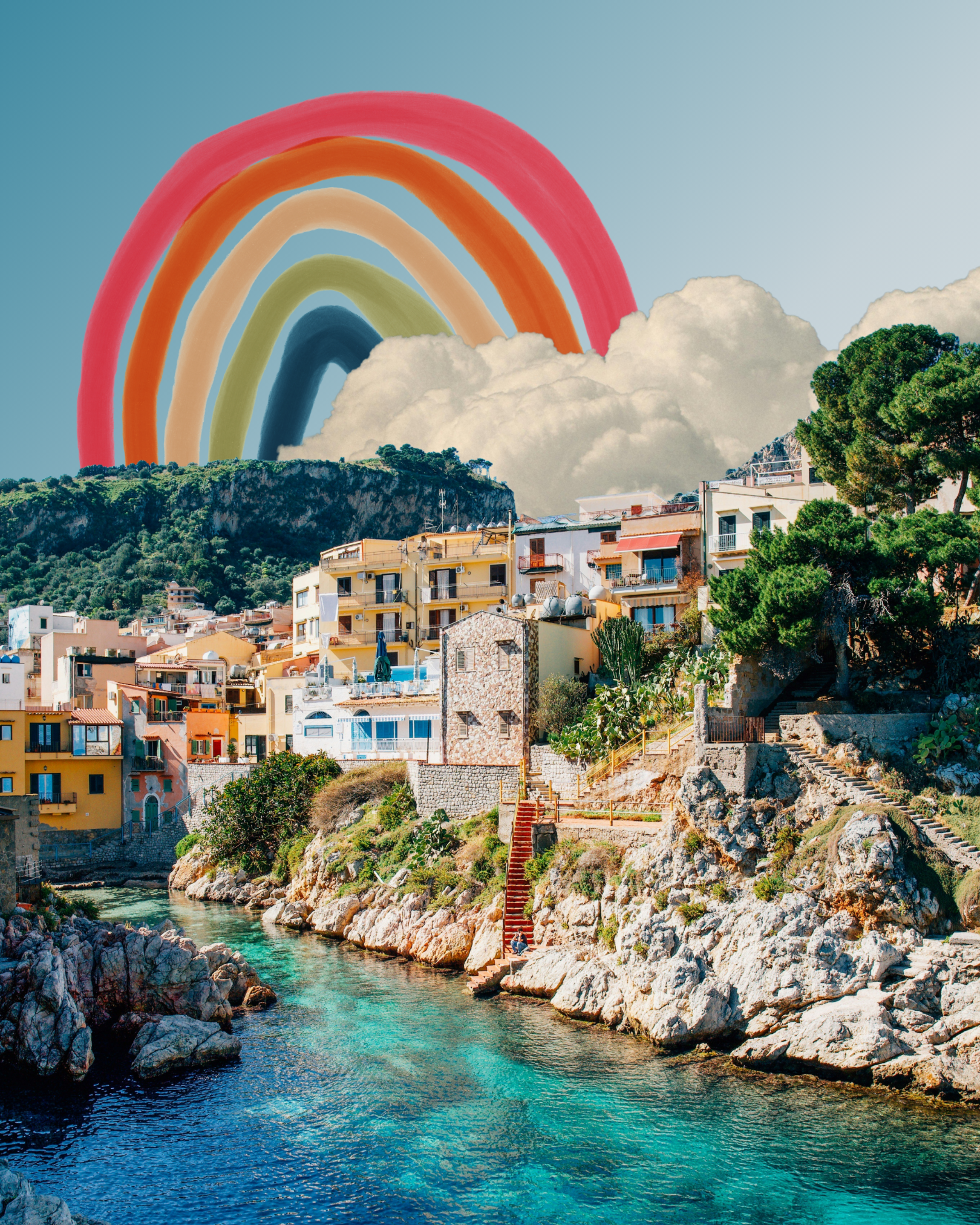 A scenic coastal town with colorful buildings built on a hillside overlooking a turquoise river, with a rainbow with multiple colors in the sky above, and large white clouds in the background.