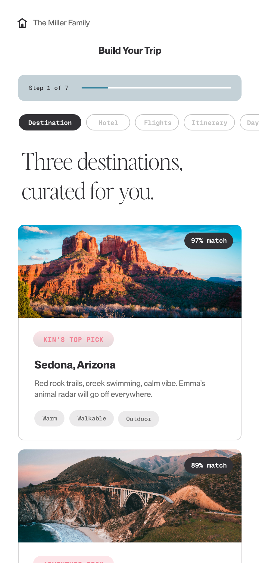Screenshot of a travel planning app showing a trip itinerary with two destinations: Sedona, Arizona, featuring red rock formations, and a coastal scene with a bridge over a bay.