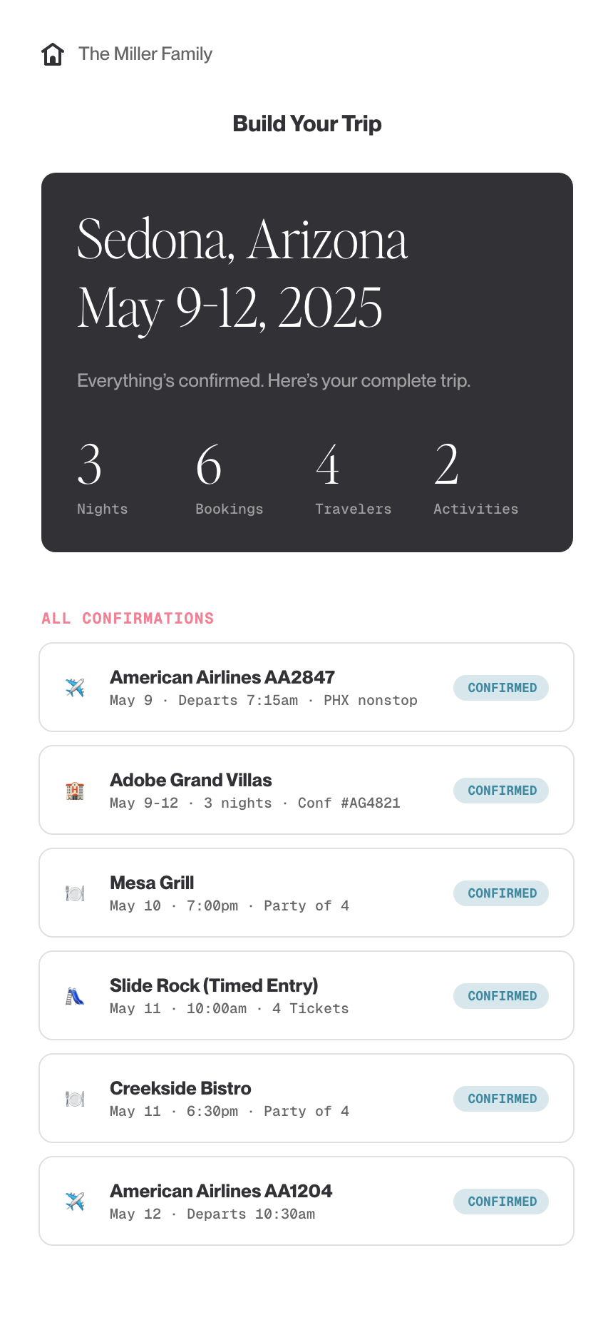 Travel itinerary for The Miller Family trip to Sedona, Arizona from May 9-12, 2025, including flight and hotel confirmations, and activity reservations in a digital app or email confirmation format.