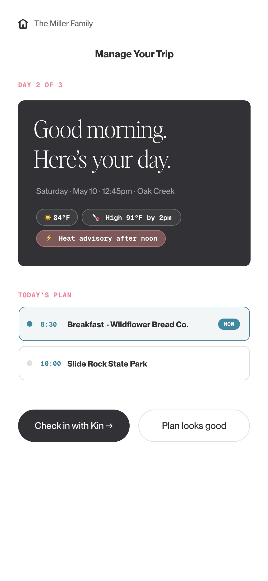 Screenshot of a trip management app showing today's weather forecast, plans, and reminders from The Miller Family, including breakfast at Wildflower Bread Co. and a visit to Slide Rock State Park.