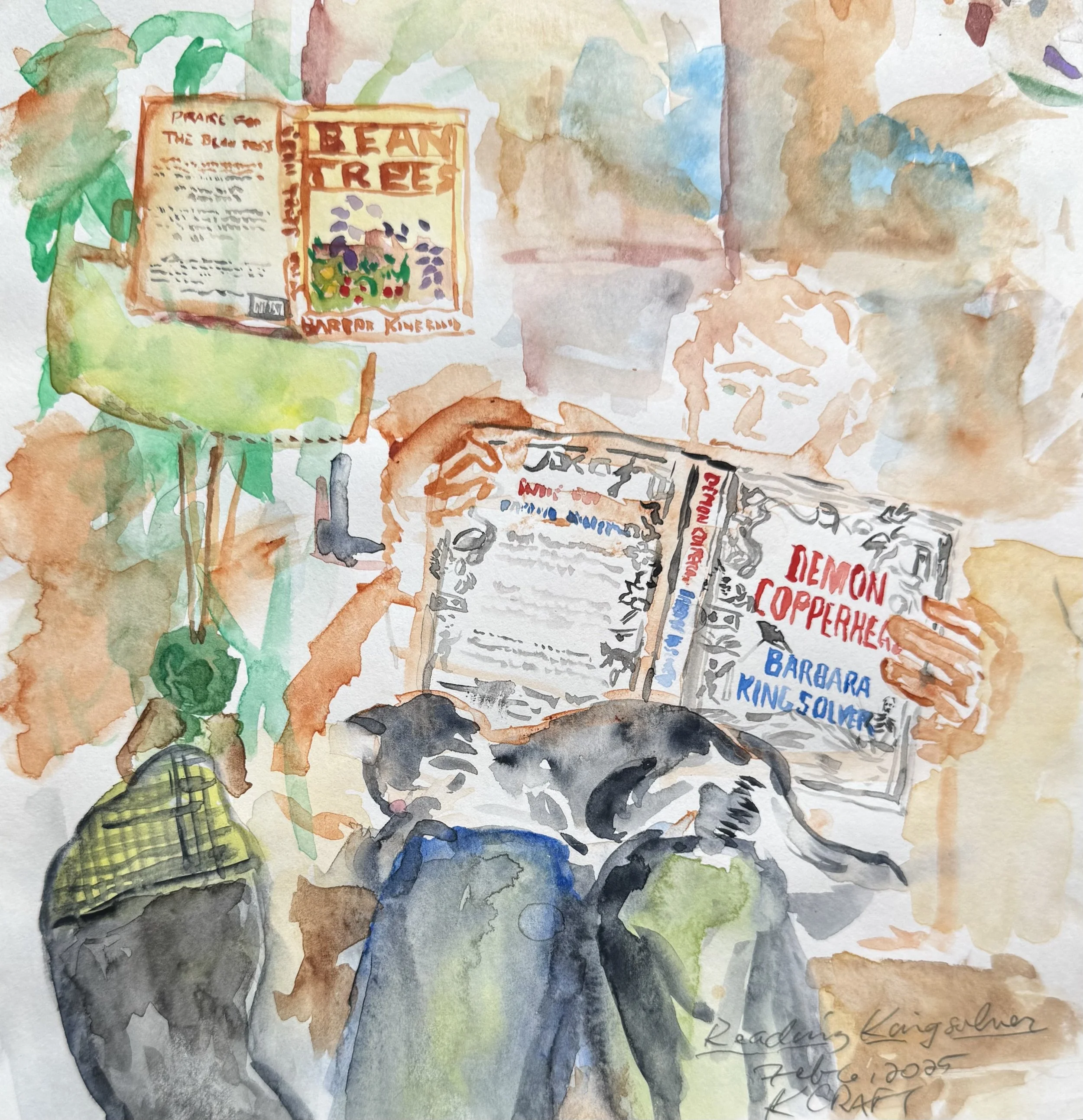 Reading Kingsolver, 2025. Watercolor, 9 x 9 inches
