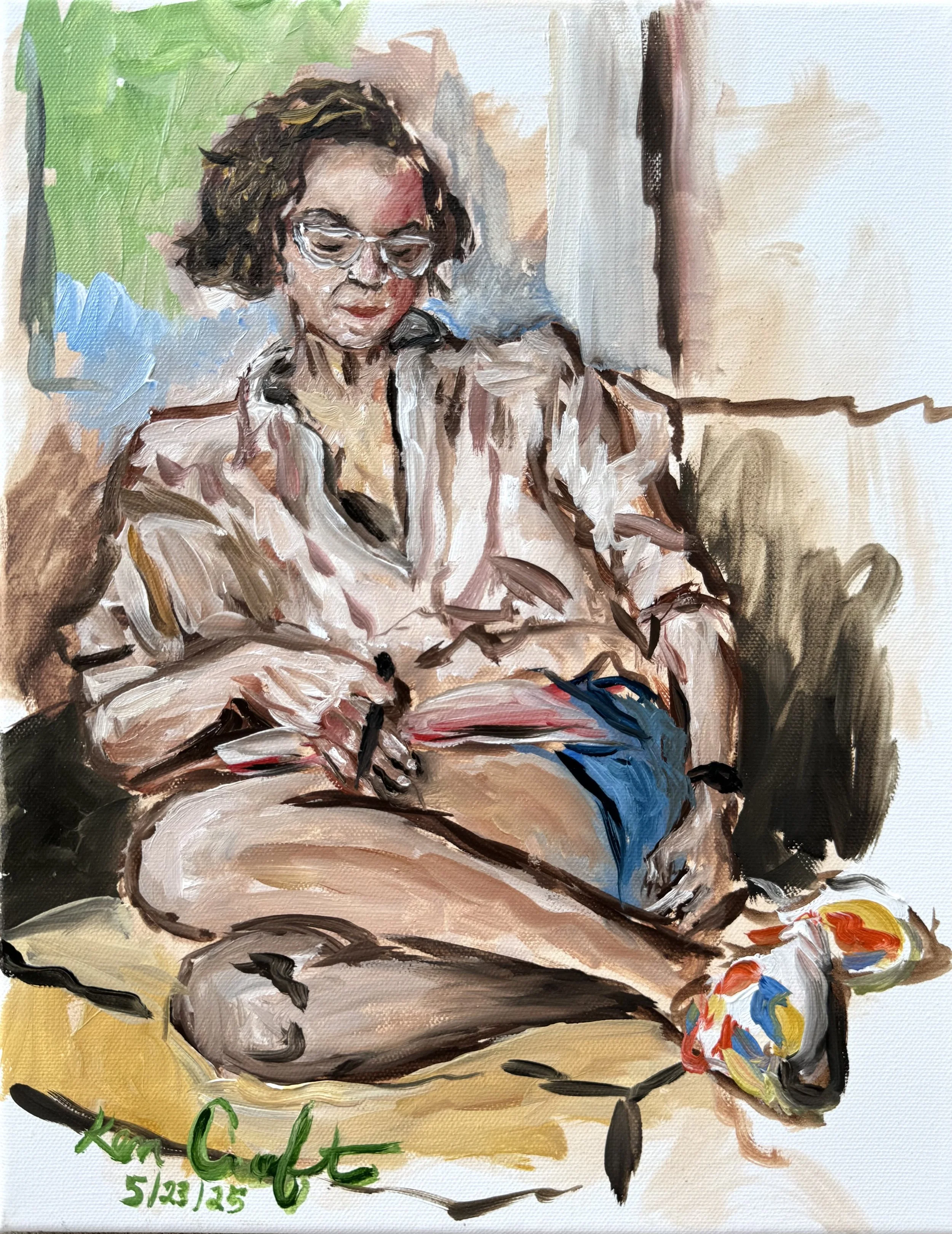 1 hour live oil sketch of the artist's wife/partner, Carolyn, 2025. Oil on canvas, 14 x 11 inches
