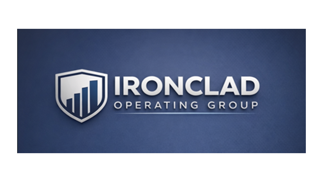 Ironclad Operating Group logo with shield and bar graph icon on a blue background.
