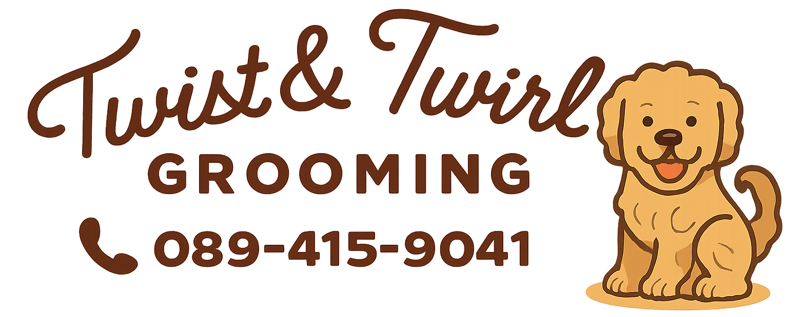Twist and twirl dog grooming logo with image of a cockapoo