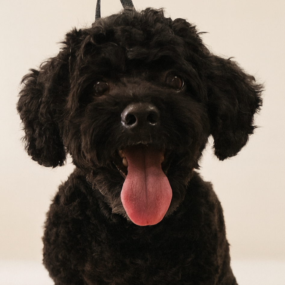 A black Cavapoochan with curly fur and floppy ears, smiling with its tongue out.