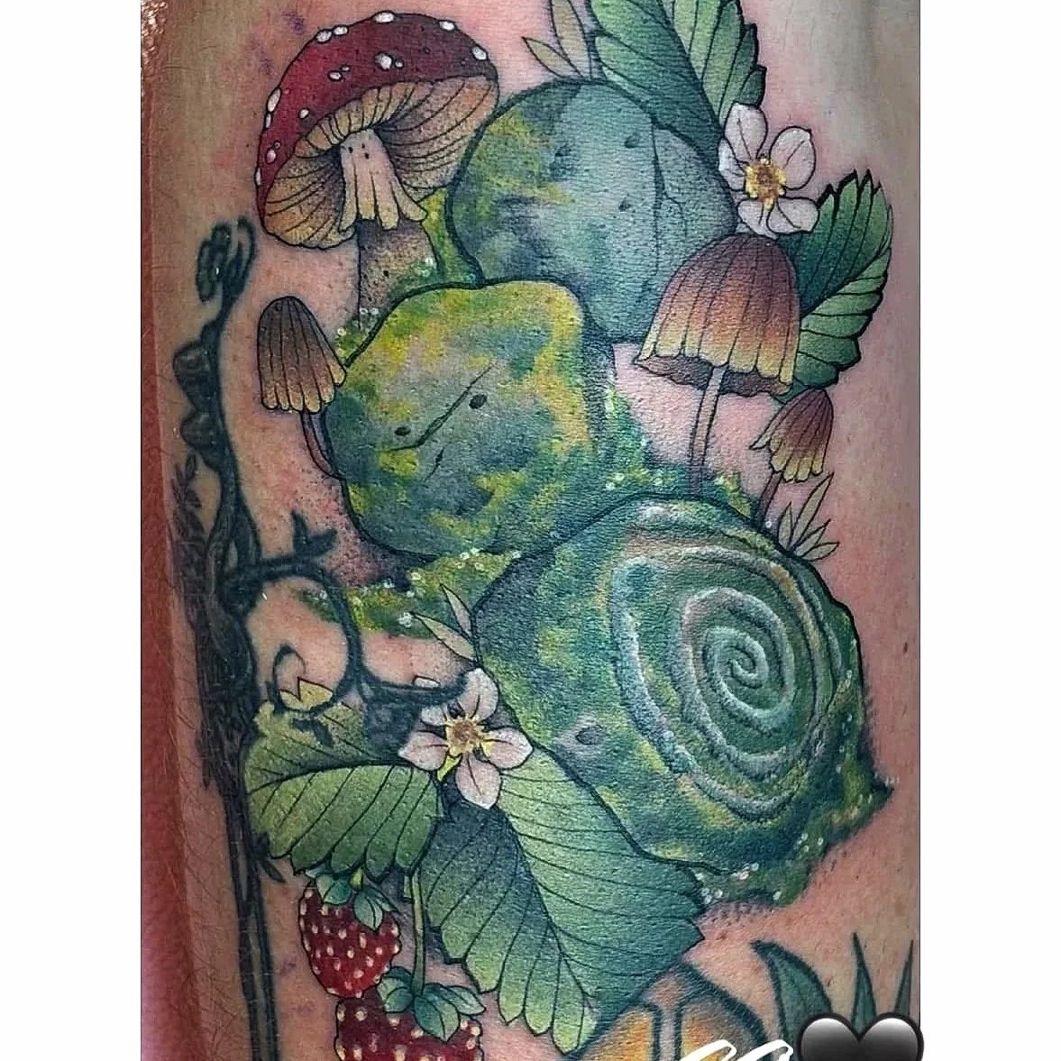 Tattoo of a snail, mushrooms, strawberries, and flowers on skin.