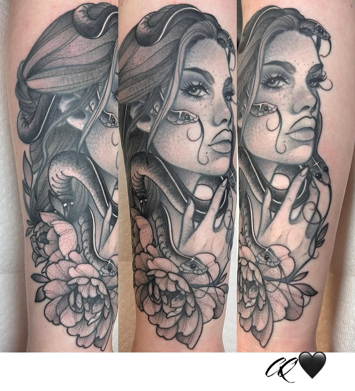 Black and gray tattoo of a woman with long hair, freckles, and makeup, holding a flower, with a snake wrapped around her neck, surrounded by flowers.