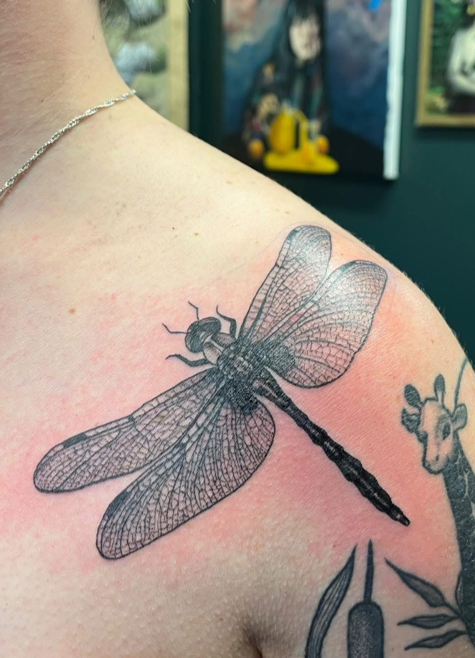 A detailed black ink tattoo of a dragonfly on a person's shoulder, with other smaller tattoos visible nearby.