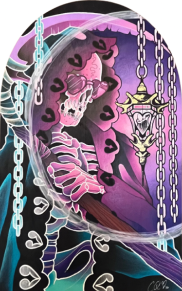 A colorful illustration of a woman with purple hair and a skeleton face, holding a scythe, with chains and hearts around her.