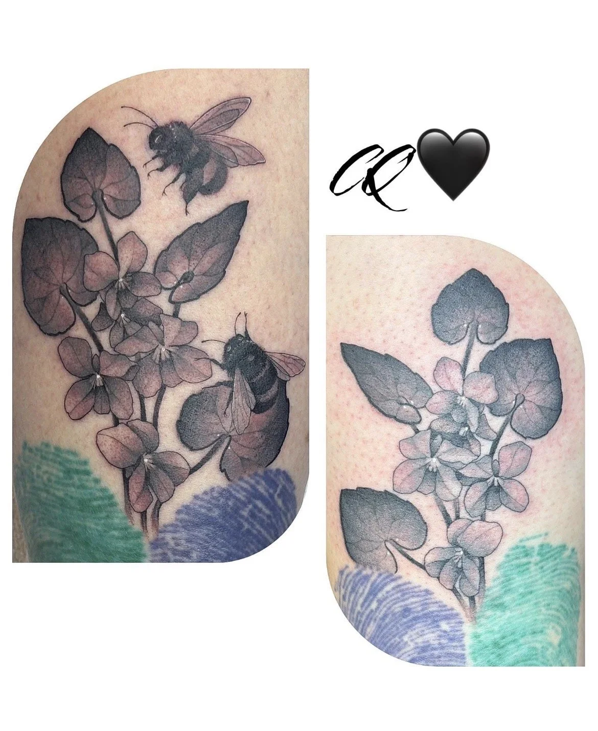 Tattoo of bees and flowers on skin, with black and colored ink, alongside cursive initials and a black heart symbol.