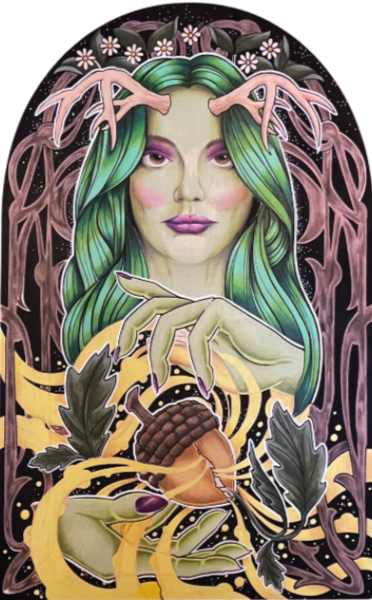 A surreal illustration of a woman with long green hair, purple eyeshadow, and pink lipstick, surrounded by flowers and entwined branches. She has insect-like hands with elongated fingers, and her hand is holding a pine cone with leaves and twisting yellow vines around it.