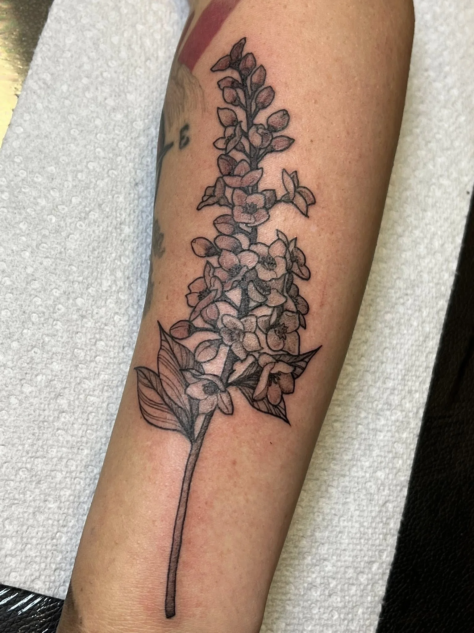 Black and gray outline tattoo of a flower stem with multiple small flowers and leaves on a person's arm.