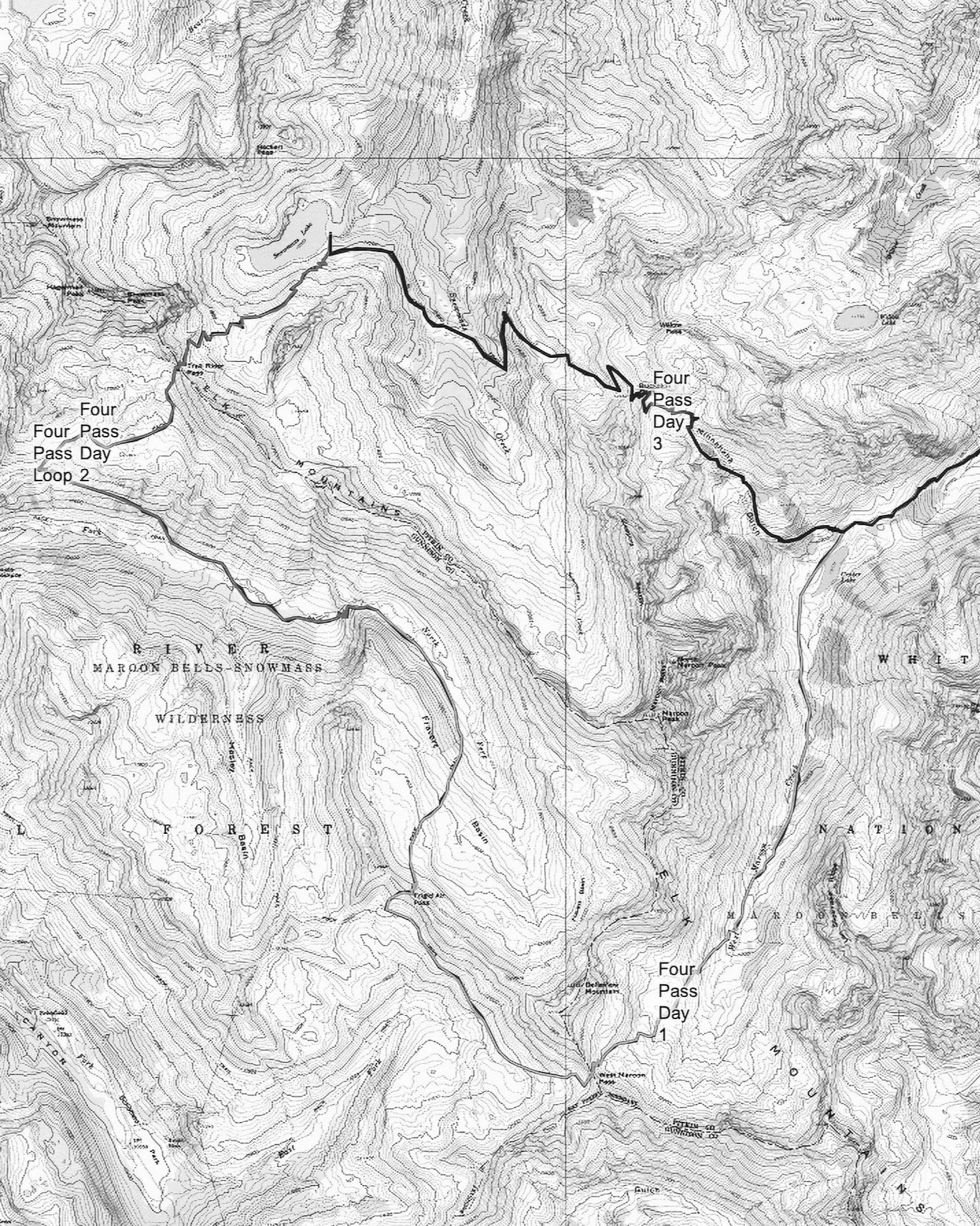 Topo map of the Four Pass Loop Trail in Colorado on the Loop Trails Strategy website.