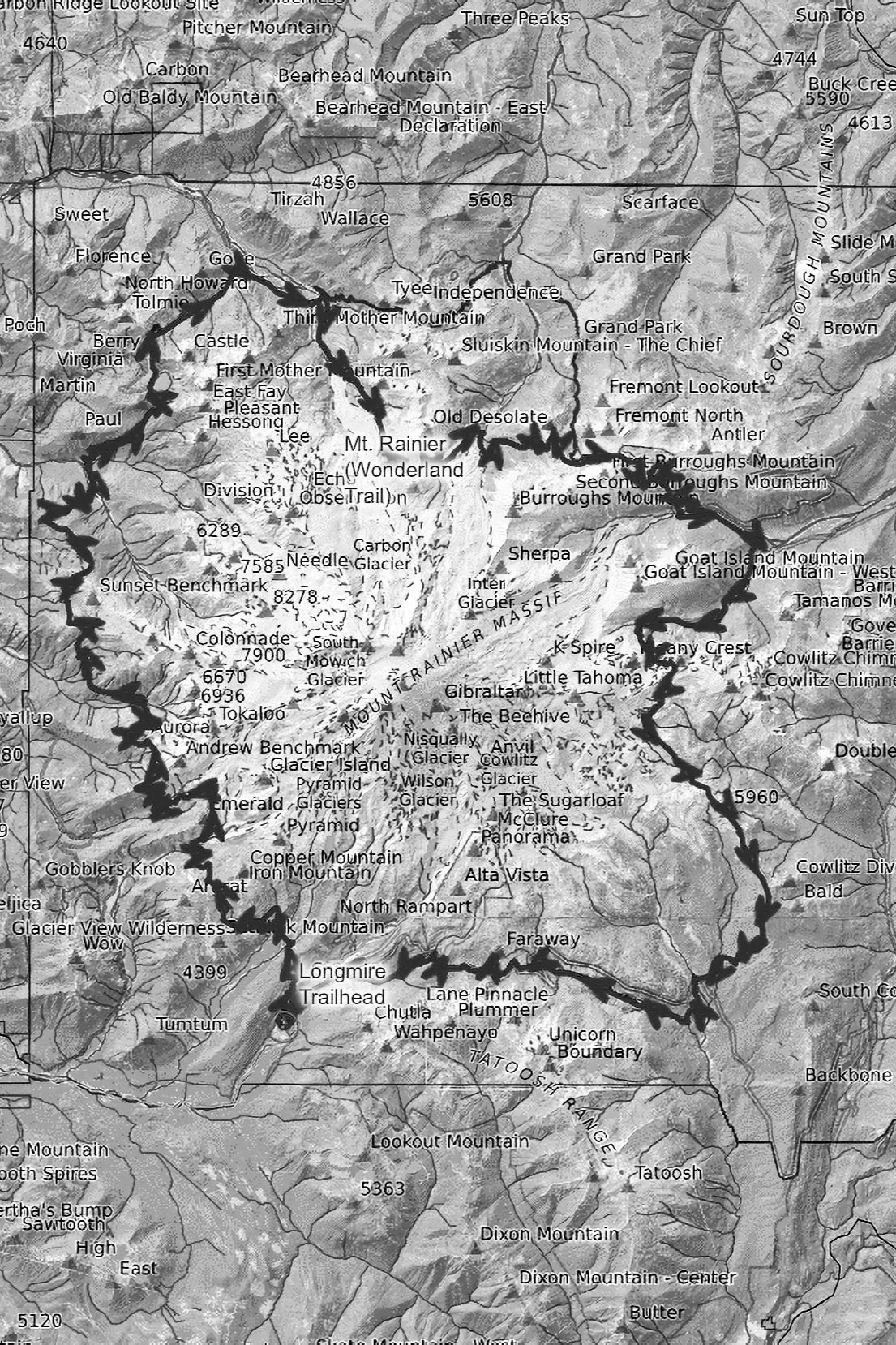 Black and white map of Mount Rainier National Park, showing trails, mountain peaks, glaciers, and surrounding geographic features.