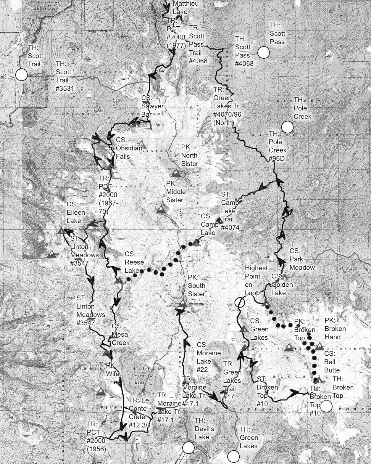 Topo map of the Three Sisters Loop Trail on the Loop Trail Strategy website.