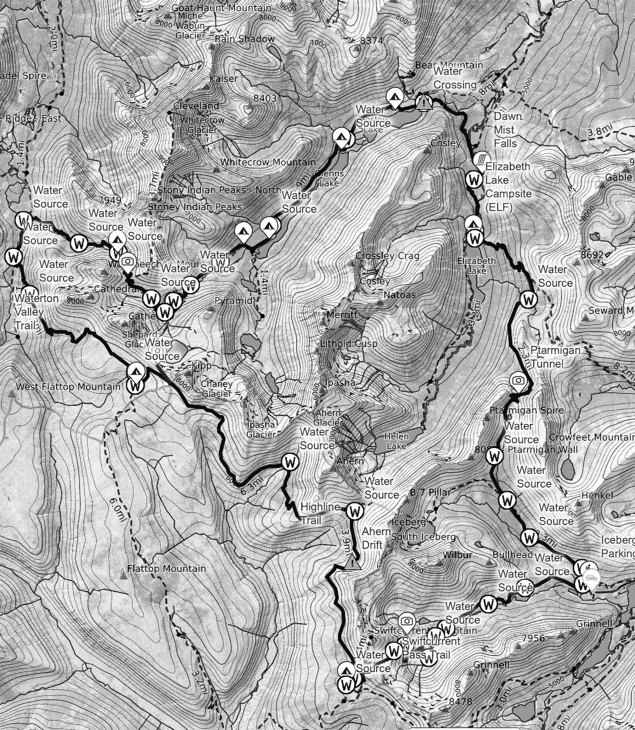 Topographic map of a mountain trail with various water sources, lakes, glaciers, campsites, and landmarks labeled along the hiking route, featuring contour lines indicating elevation and marked points of interest.