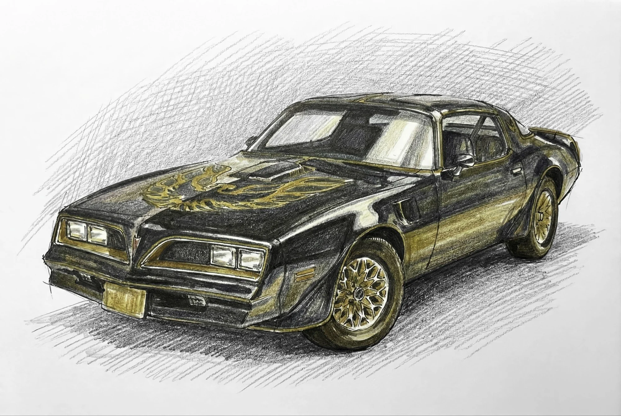 A detailed colored pencil drawing of a vintage black and gold sports car with gold wheels and an aggressive front grille, viewed from a front-side angle.
