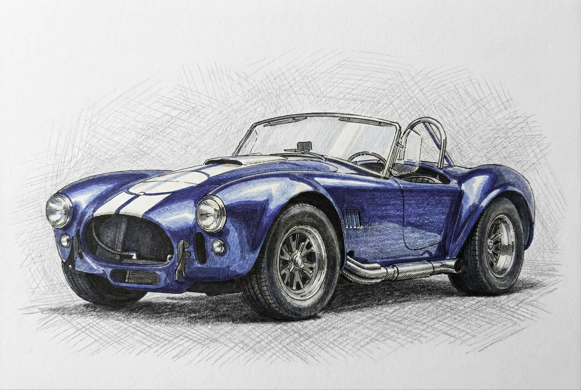Colorful sketch of a vintage blue race car with white racing stripes, featuring round headlights, large tires, and a roll cage.