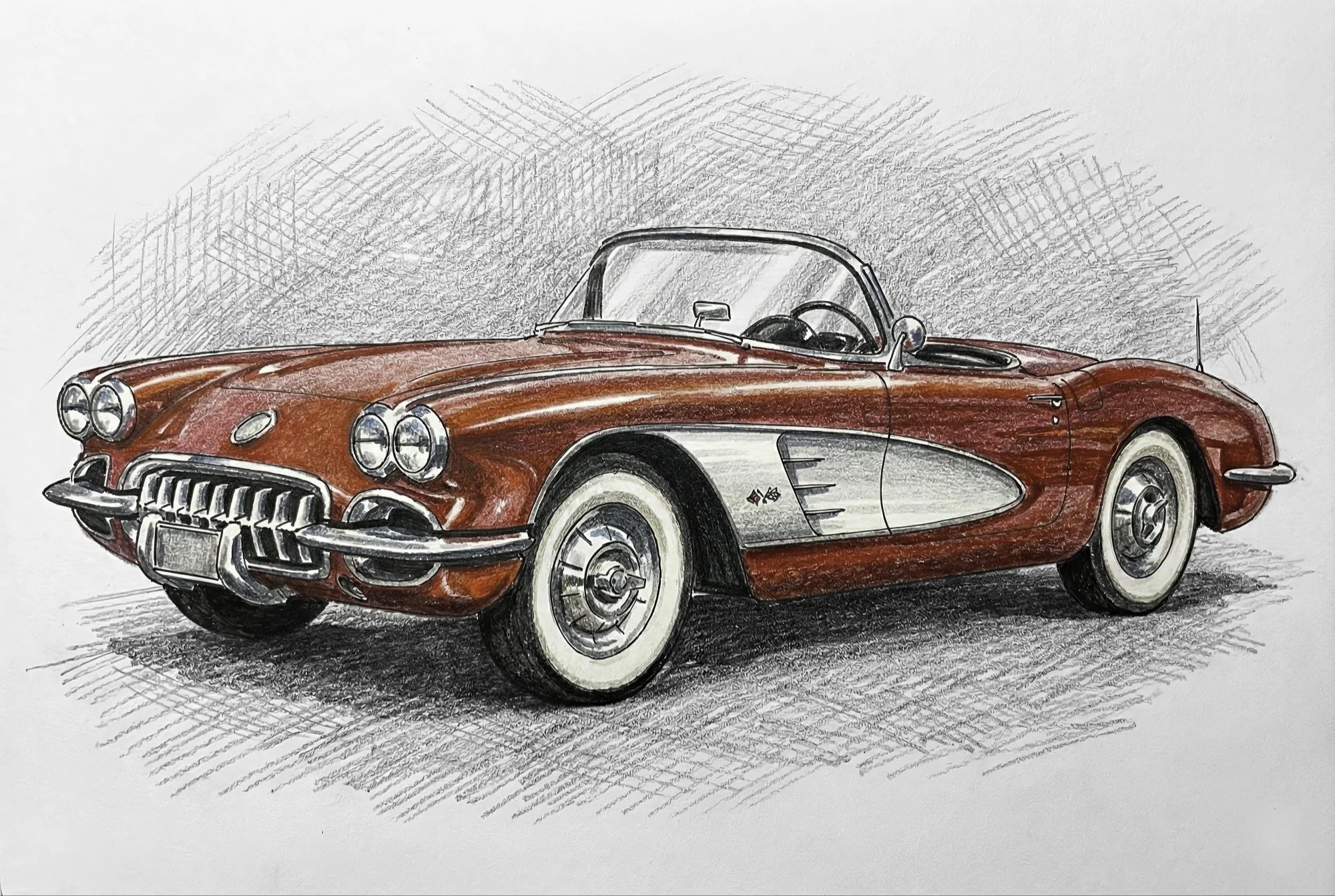 Hand-drawn colored pencil illustration of a red classic convertible car with white side panels, black tires, and chrome details, depicted from a front-side angle.
