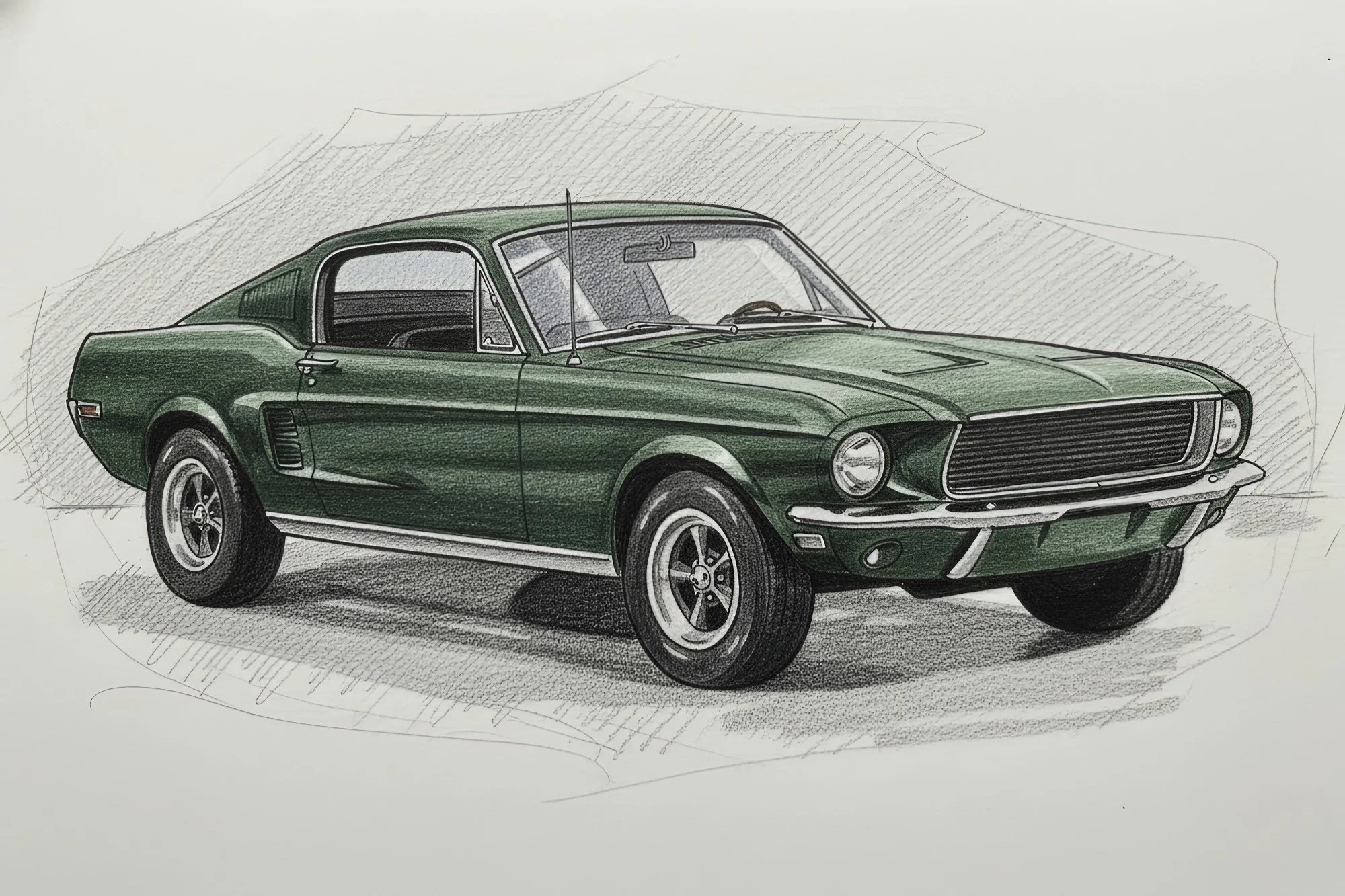 A detailed illustration of a vintage green Ford Mustang car, showing both the front and side views with shading and line work.