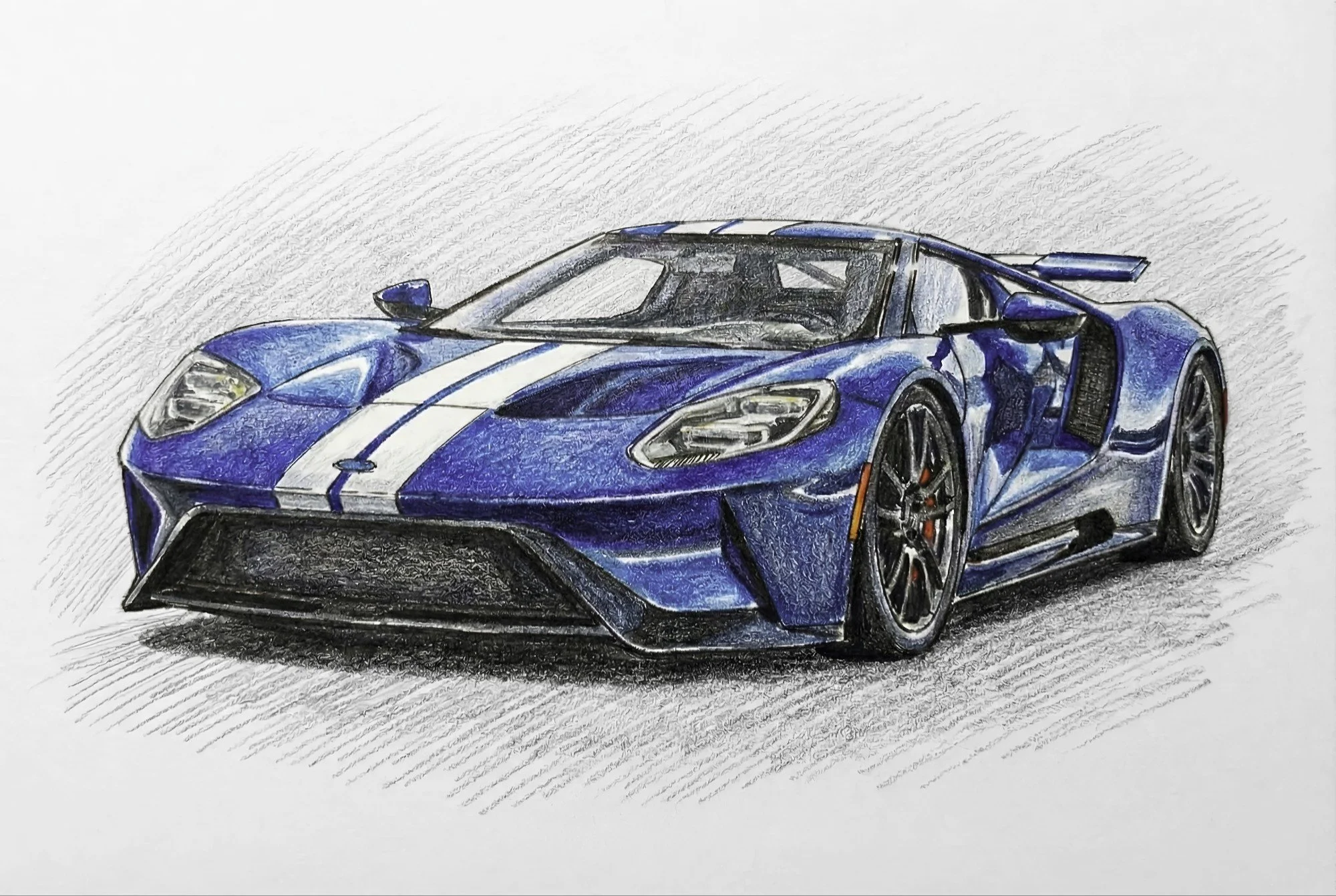 Colorful sketch of a blue sports car with racing stripes, front view