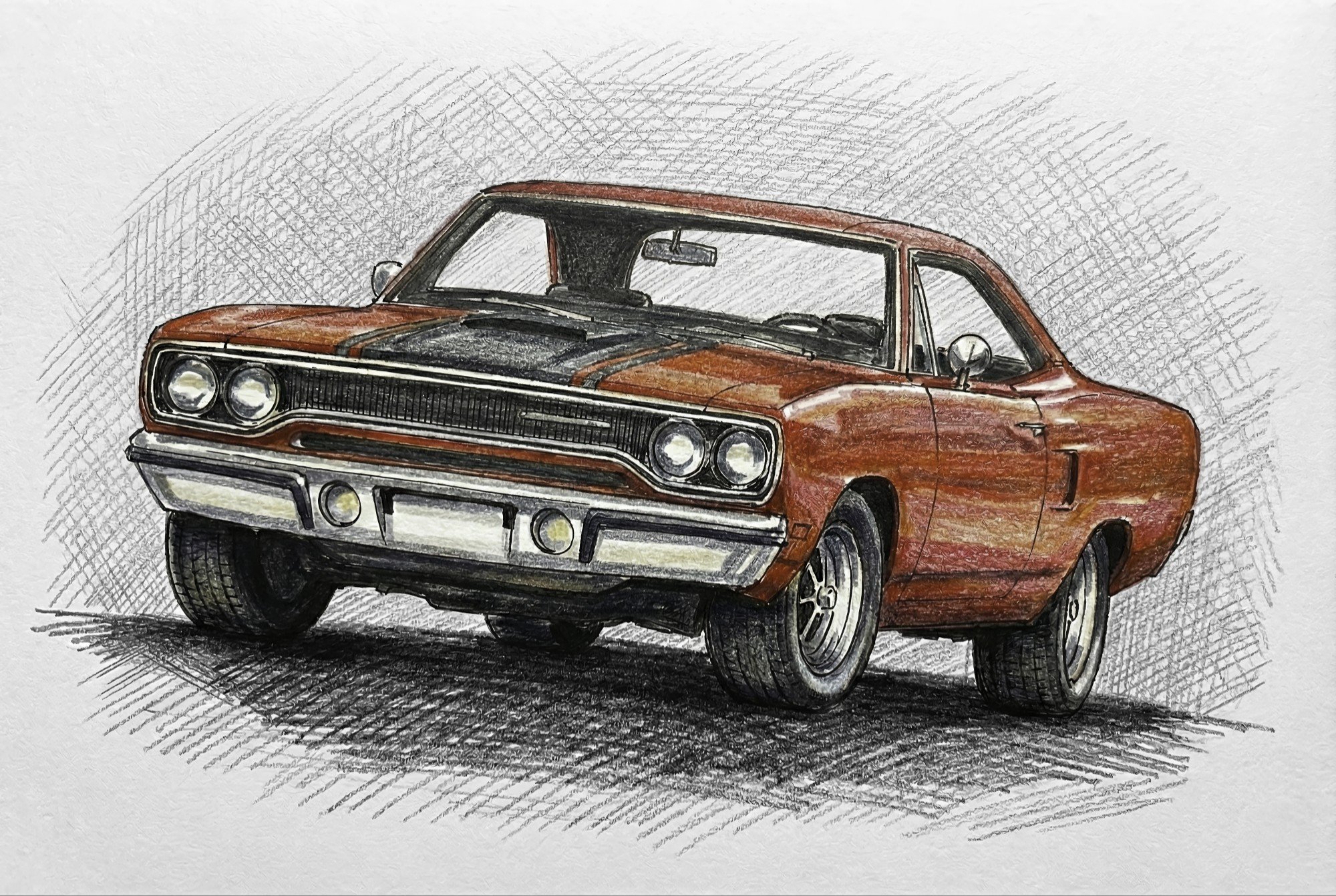 Hand-drawn colored sketch of a vintage red car with black accents, front grille, and round headlights, displayed on textured paper.