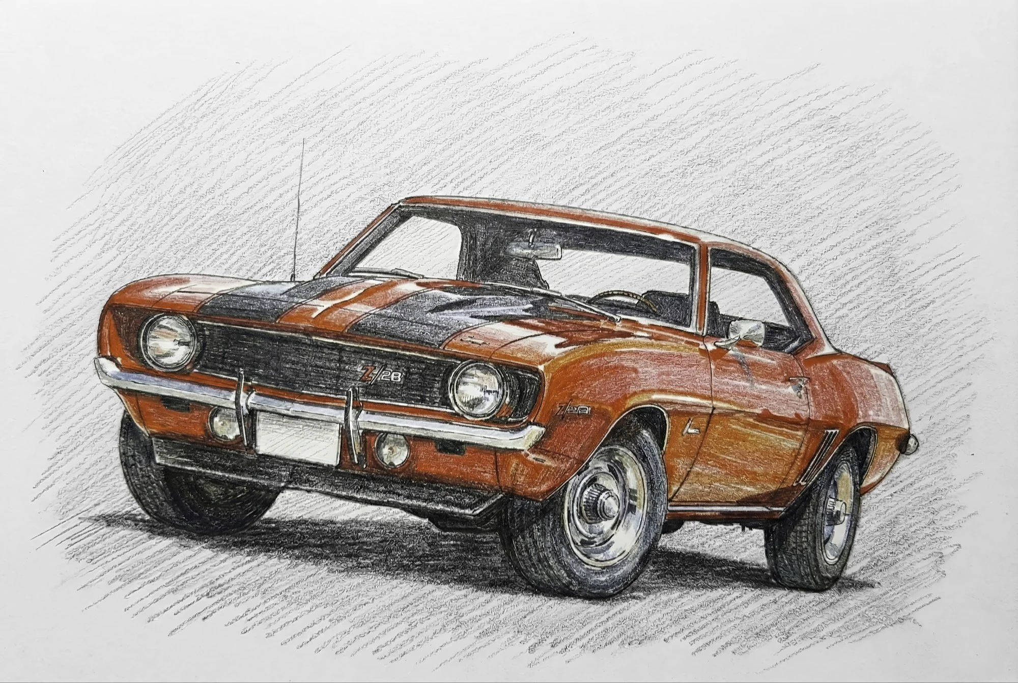 Colored sketch of a red vintage muscle car with black racing stripes, showing front and side views.