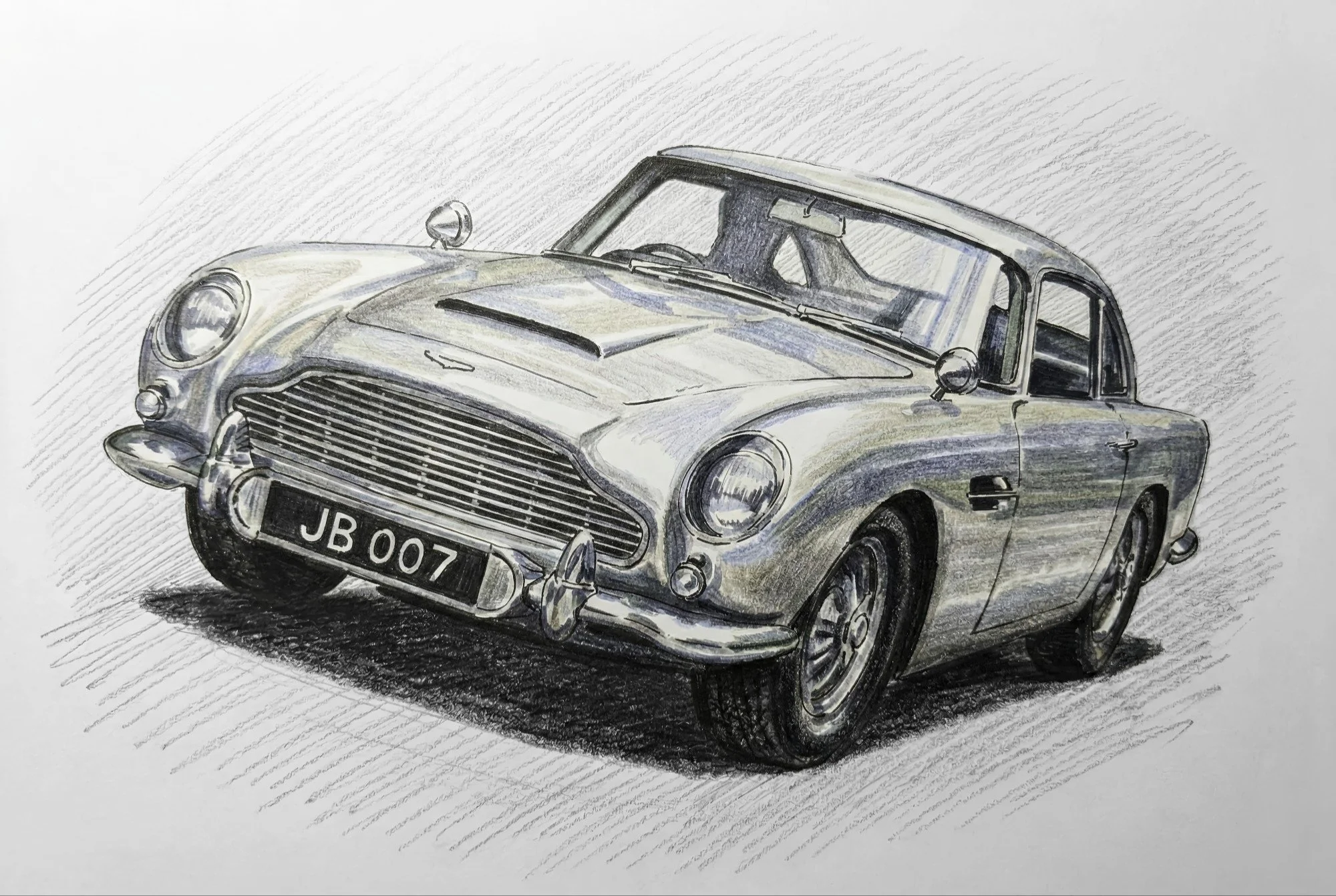 Sketch of a vintage silver sports car with a black grille, round headlights, and a license plate reading 'JB 007' on a white background.