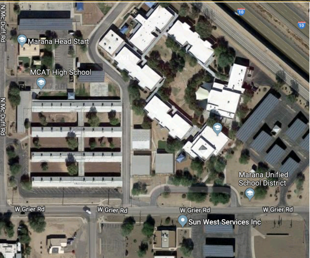 Arial view of solar panels newly installed over Marana schools